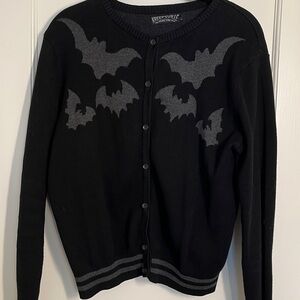 Black Kreepsville Cardigan Sweater with Gray Bat Design perfect for Halloween!